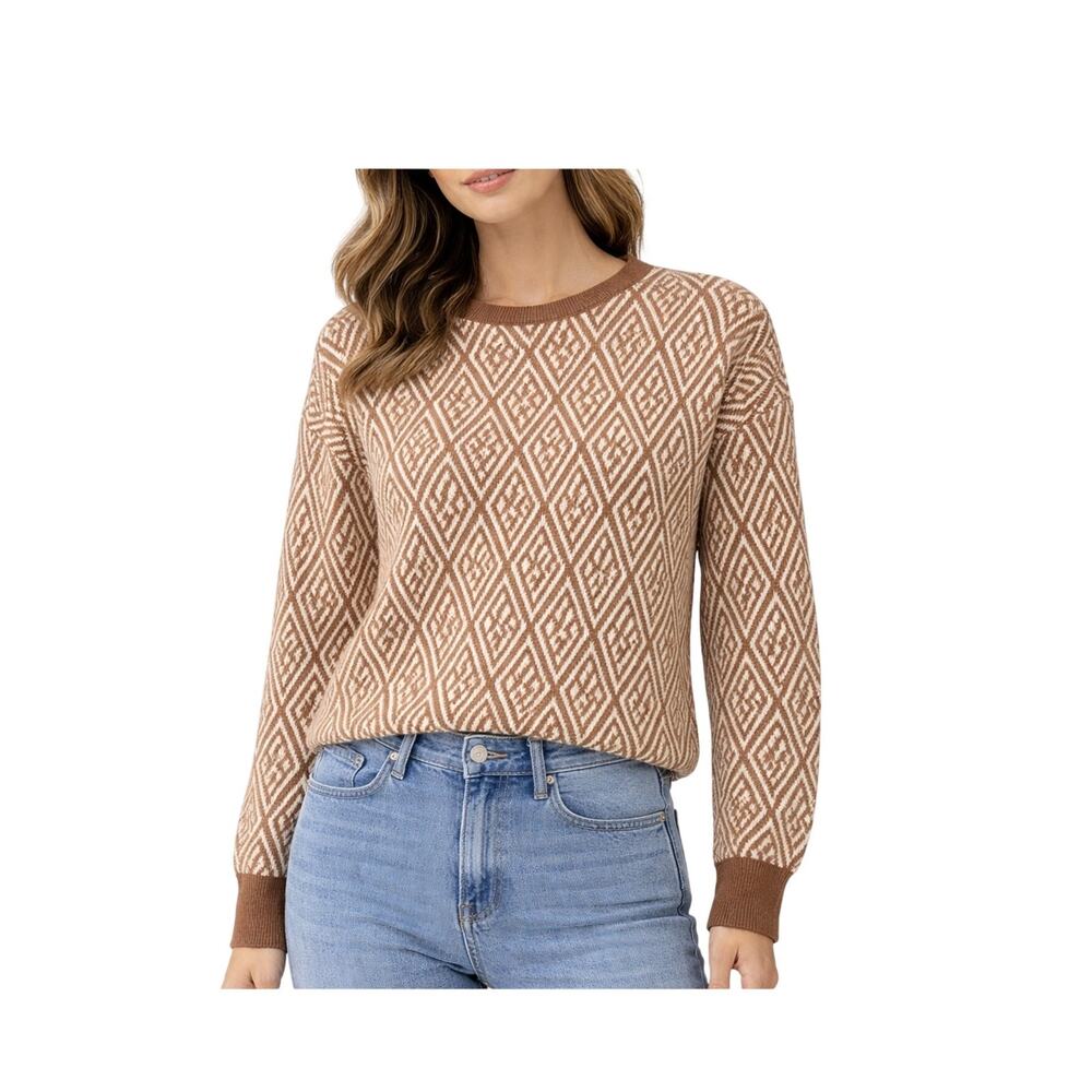 Halston Sweater Womens Size L Diamond Pattern Brown Beige Crewneck Pullover